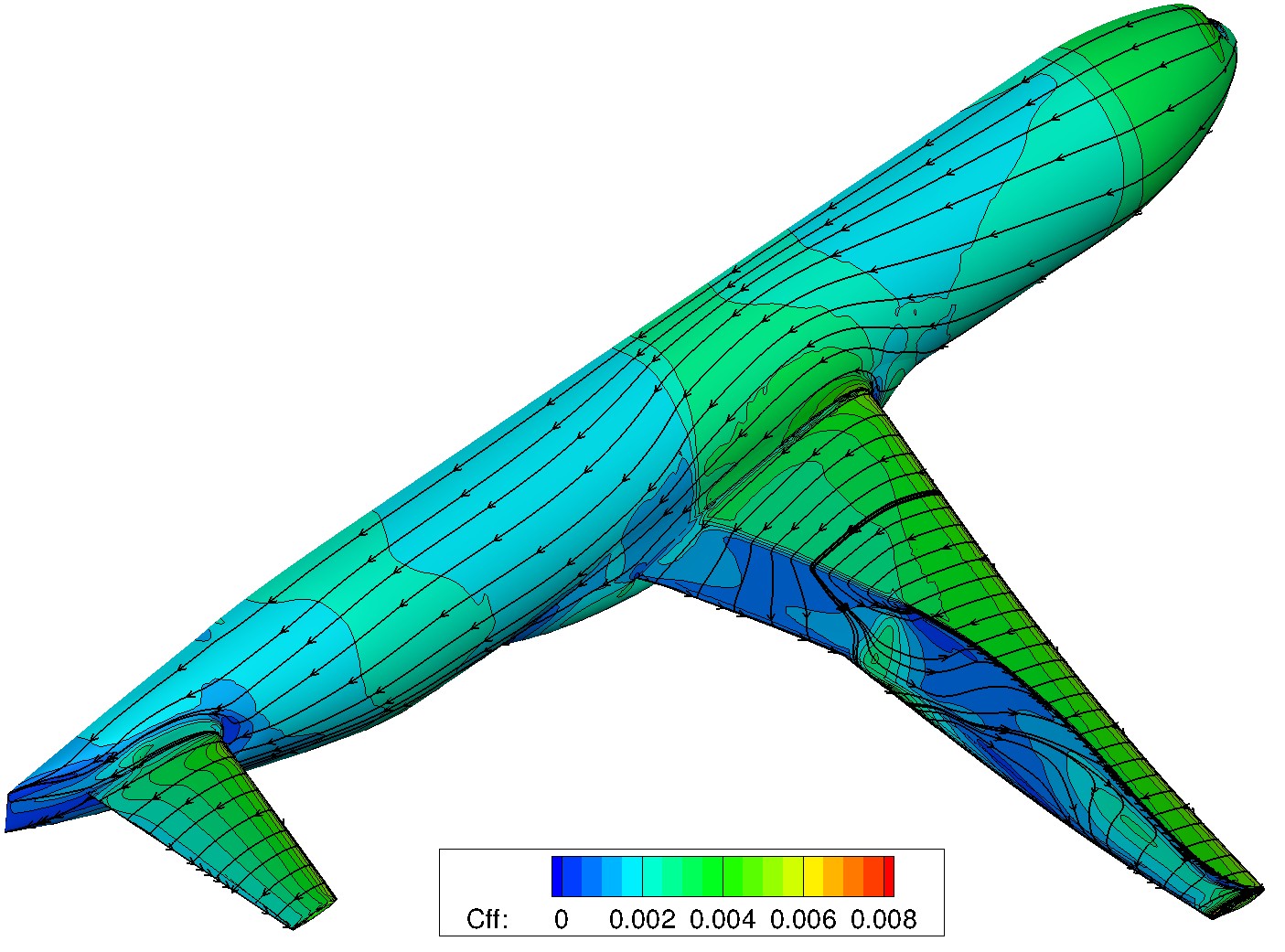 Image of surface pressure on wing and tail of Common Research Model